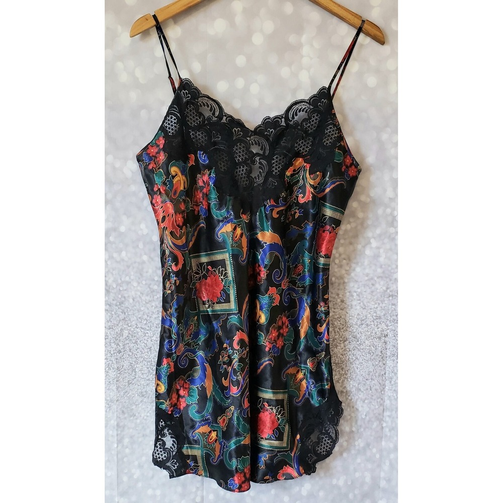 Vintage Victoria's Secret Gold Label Babydoll Slip Black Paisley Lace Size Med